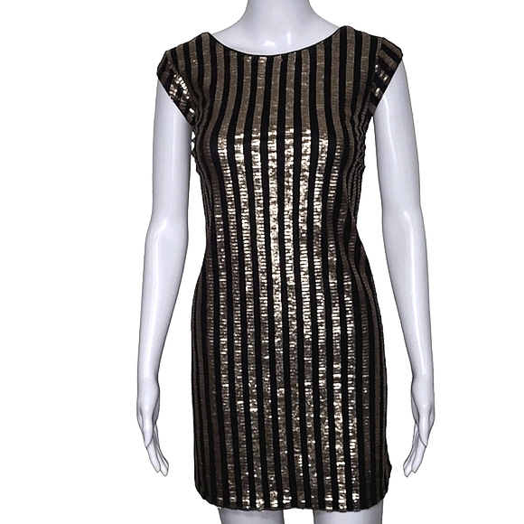 ALI & Jay black gold copper sequins stripes deep V back mini dress size medium - Picture 1 of 11